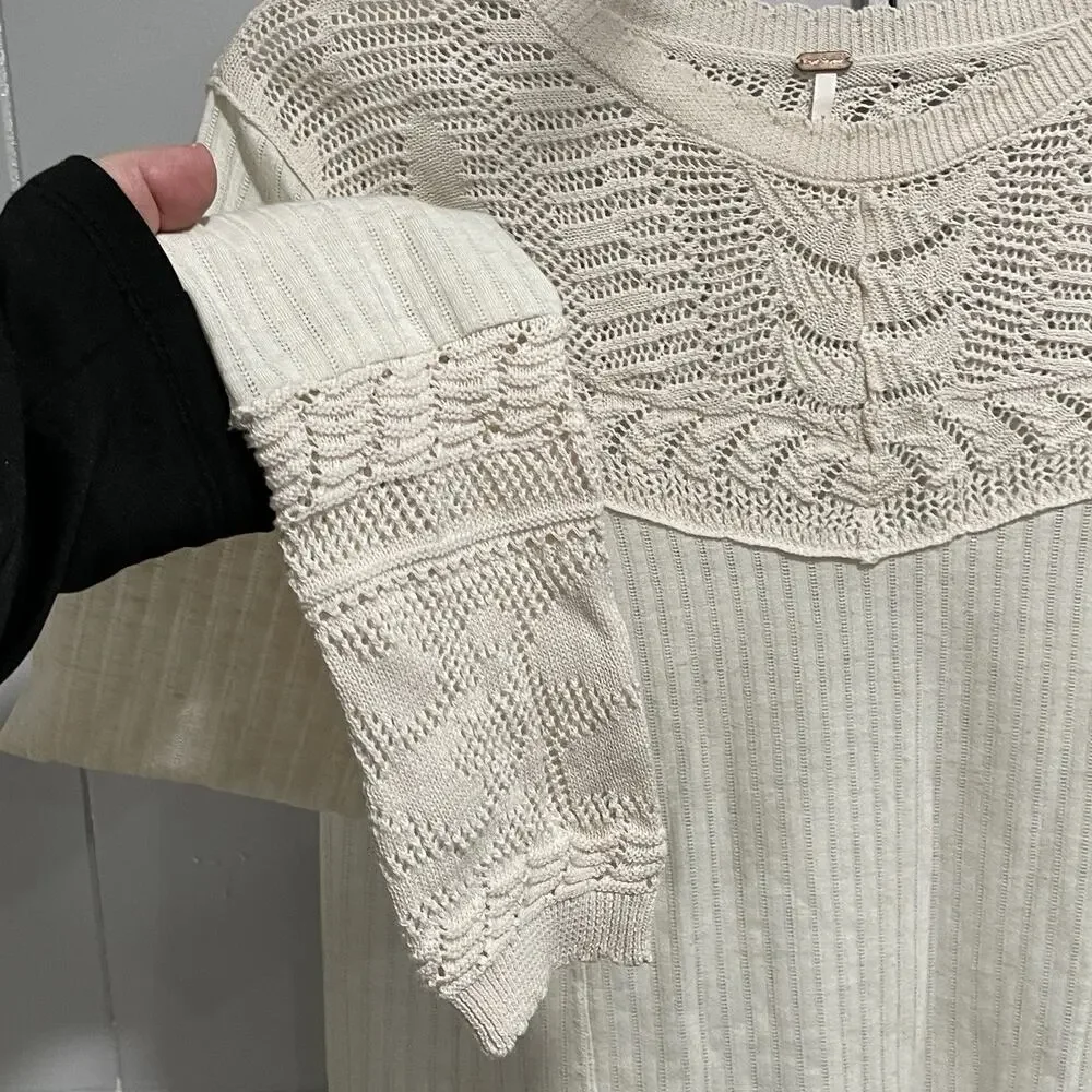 Free People Colette Pointelle Knit Top Size Small Neutral Beige Lace Neck Cuffs